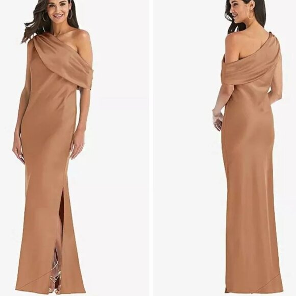 NEW Social Bridesmaids Draped One-Shoulder Convertible Maxi Dress Toffee XL - Picture 2 of 12